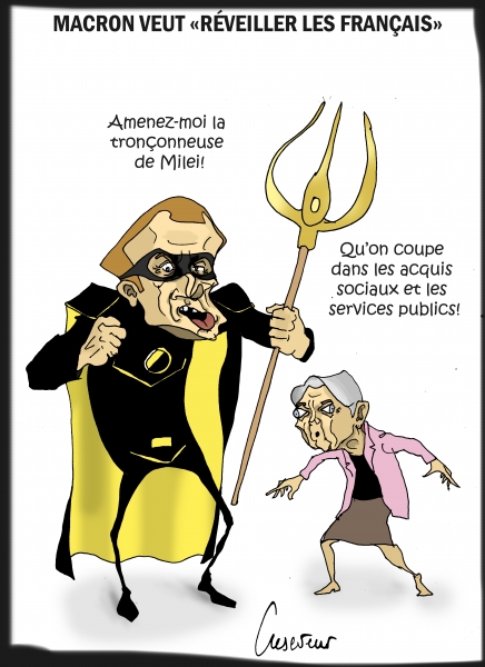 libertariens, Milei, Macron, anarcho-capitalisme, dessin de presse, caricature
